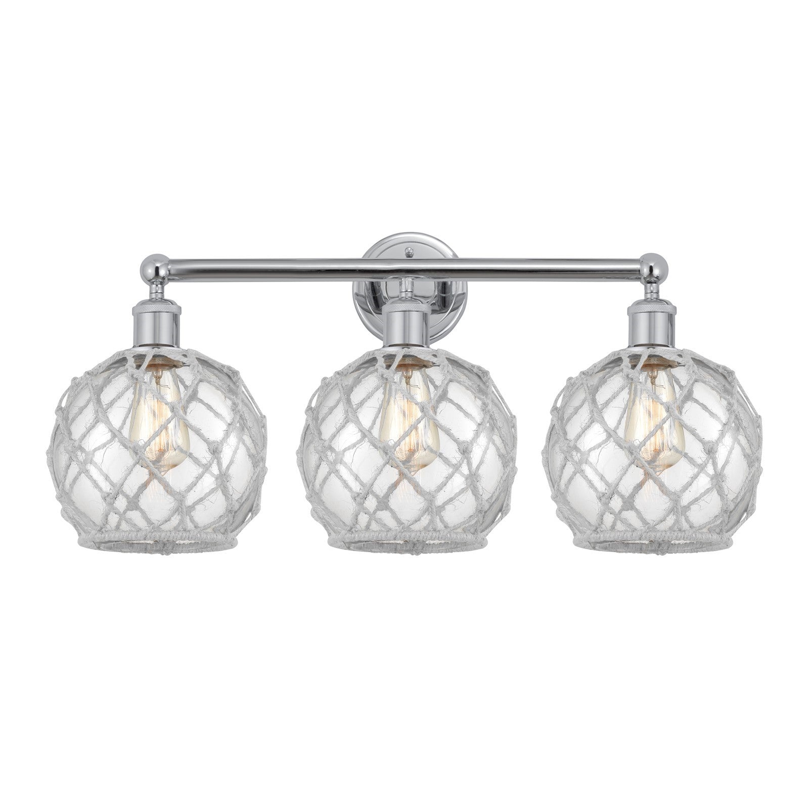Innovations Farmhouse Rope 26in 3-Light Bath Vanity | Industrial Polished Chrome Steel and Clear Glass with White Rope | Model 616-3W-PC-G122-8RW
