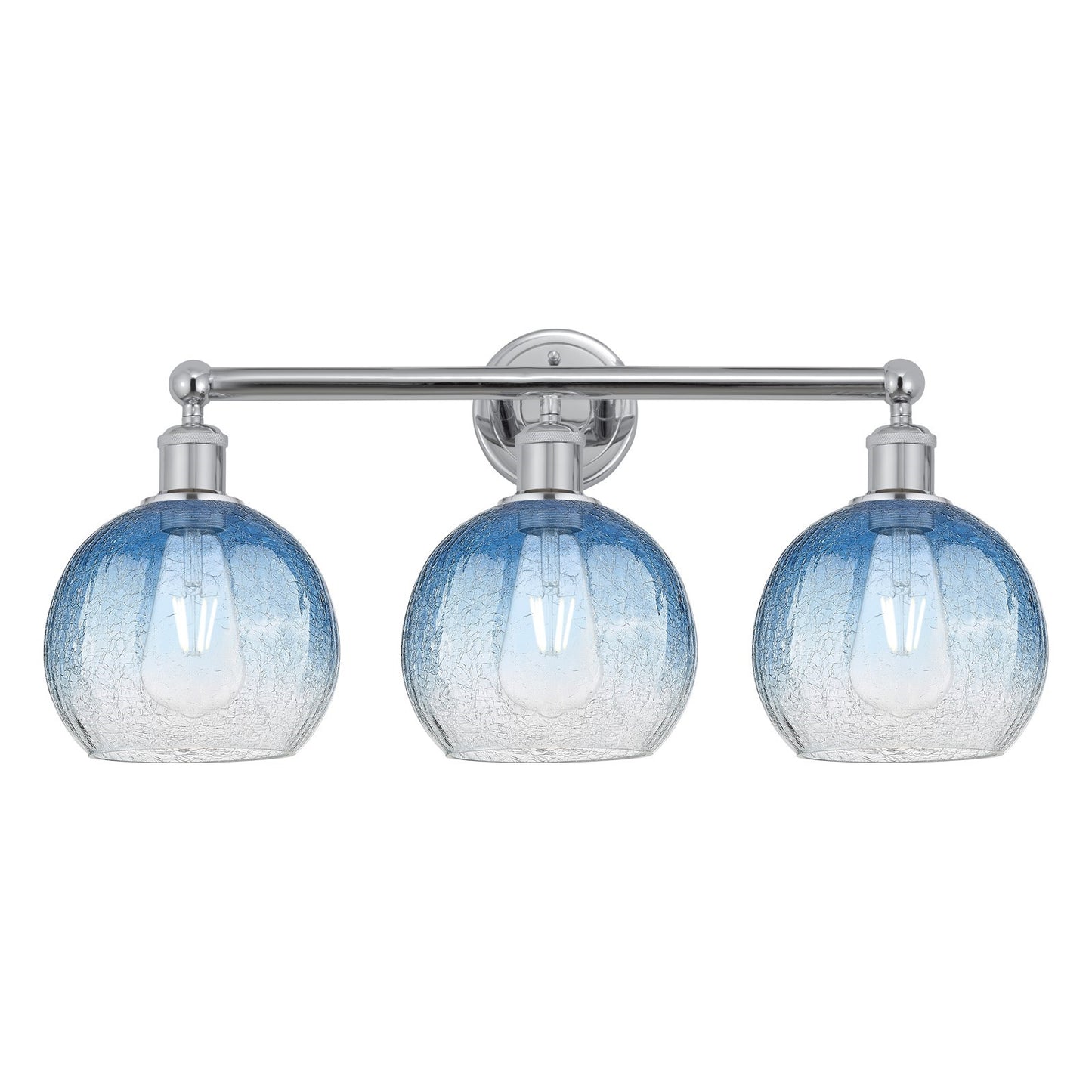 Innovations Brookhaven Globe 26in 3-Light Bath Vanity Light | Industrial Polished Chrome and Sapphire Blue Glass | Bathroom | Model 616-3W-PC-G483-8SB