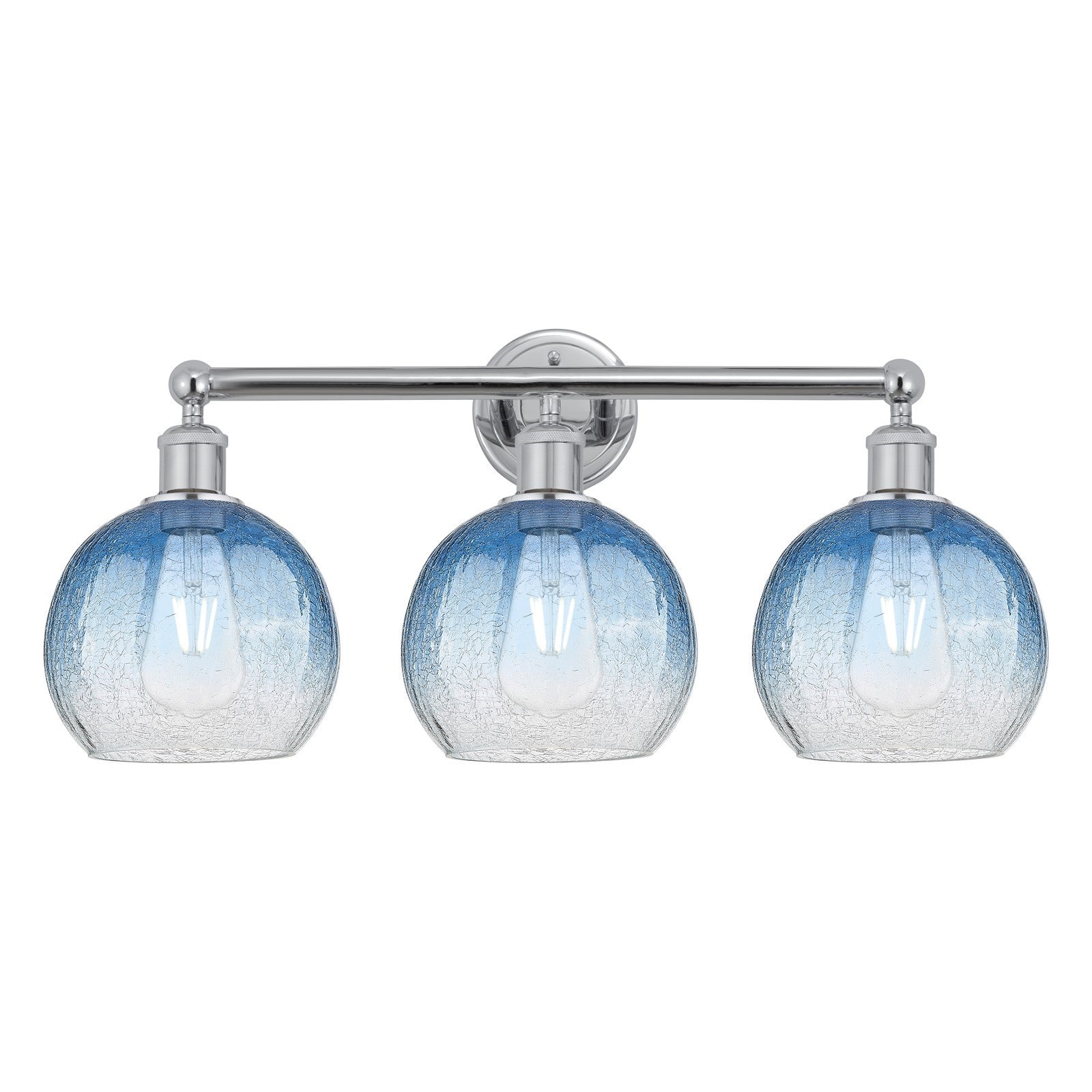 Innovations Brookhaven Globe 26in 3-Light Bath Vanity Light | Industrial Polished Chrome and Sapphire Blue Glass | Bathroom | Model 616-3W-PC-G483-8SB