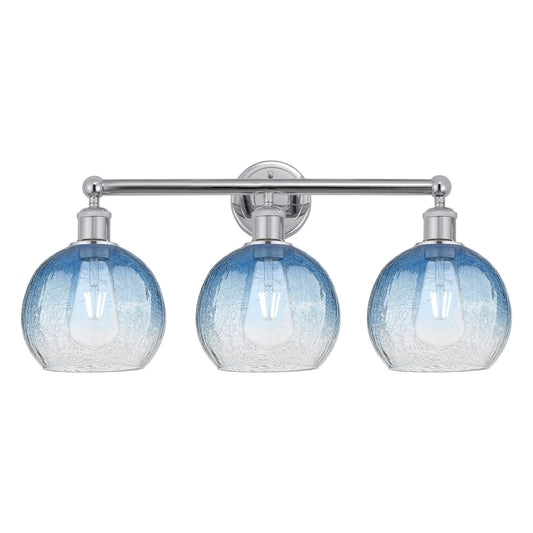 Innovations Brookhaven Globe 26in 3-Light Bath Vanity Light | Industrial Polished Chrome and Sapphire Blue Glass | Bathroom | Model 616-3W-PC-G483-8SB