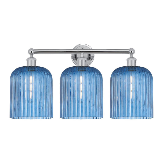 Innovations Bridal Veil 23in 3-Light Bath Vanity Light | Art Nouveau Polished Chrome and Princess Blue Ribbed Glass | Bathroom | Model 616-3W-PC-G559-8BL