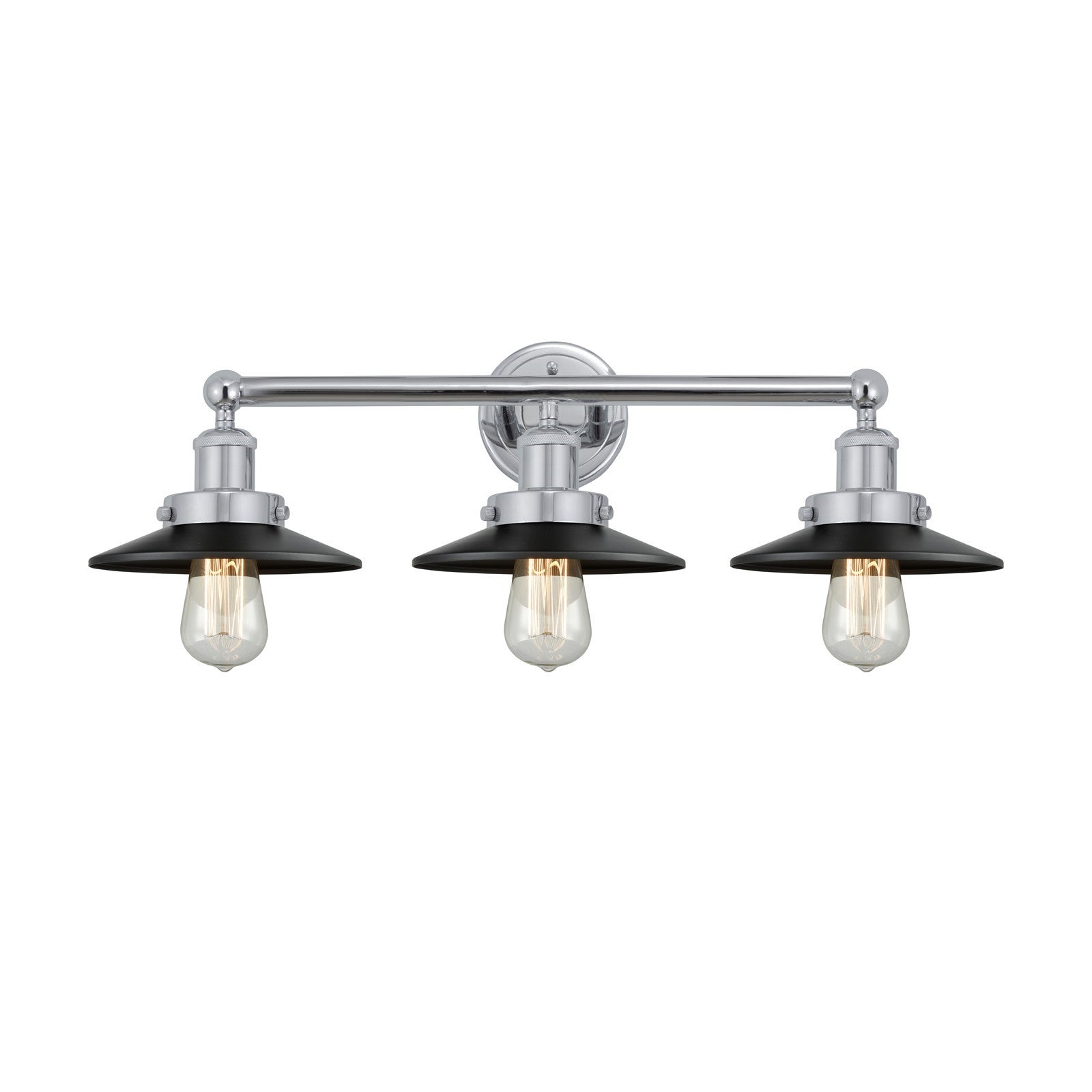 Innovations Railroad 26in 3-Light Bath Vanity Light | Industrial Polished Chrome and Matte Black Metal Shade | Bathroom Vanity | Model 616-3W-PC-M6-BK