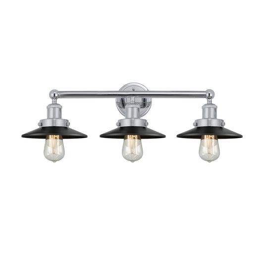 Innovations Railroad 26in 3-Light Bath Vanity Light | Industrial Polished Chrome and Matte Black Metal Shade | Bathroom Vanity | Model 616-3W-PC-M6-BK