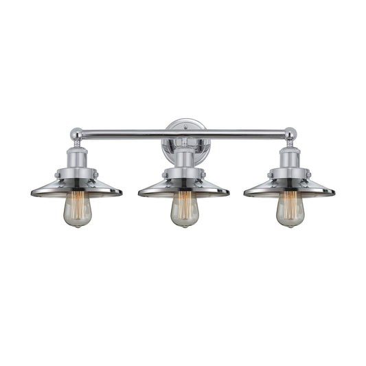 Innovations Railroad 26in 3-Light Bath Vanity Light | Industrial Polished Chrome Steel and Polished Chrome Metal Shade | Bathroom | Model 616-3W-PC-M7