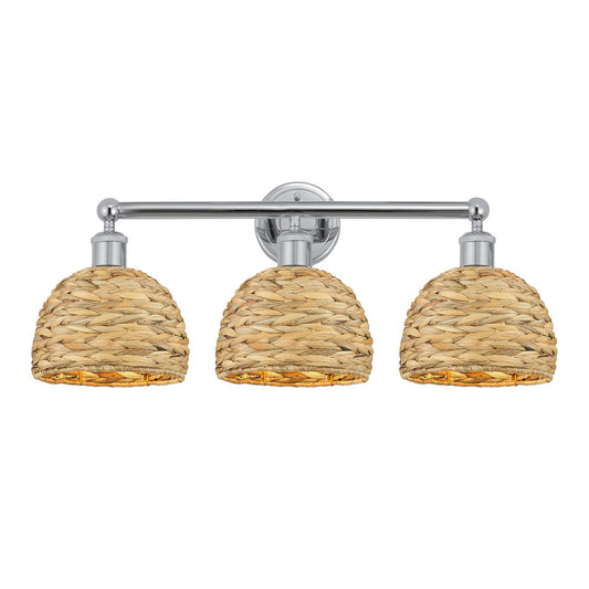 Innovations Woven Rattan 26in 3-Light Bath Vanity Light | Industrial Polished Chrome and Natural Rattan Shade | Bathroom | Model 616-3W-PC-RBD-8-NAT