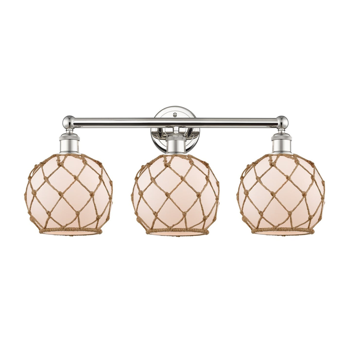 Innovations Farmhouse Rope 26in 3-Light Bath Vanity | Industrial Polished Nickel Steel and White Frosted Glass with Brown Rope | Model 616-3W-PN-G121-8RB
