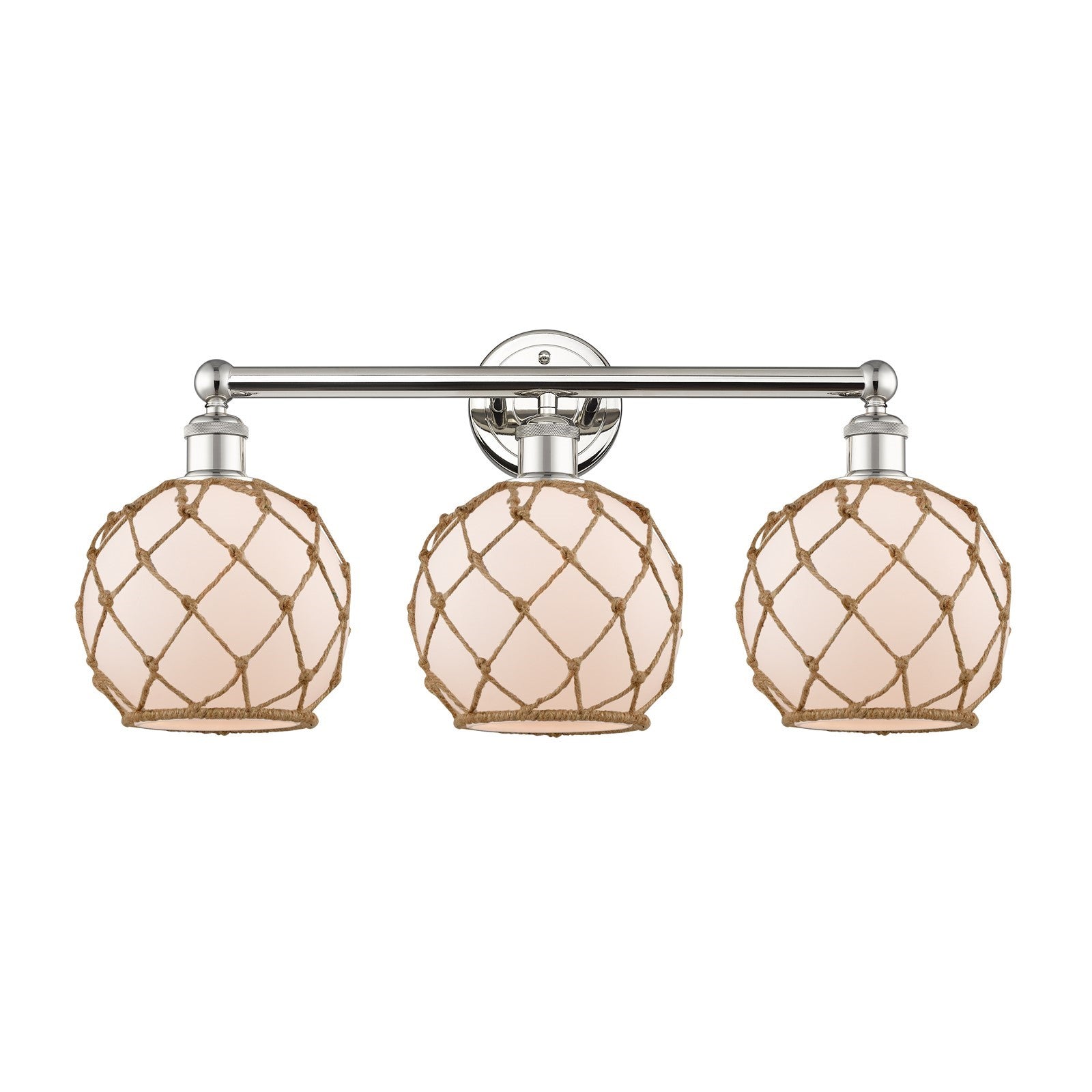 Innovations Farmhouse Rope 26in 3-Light Bath Vanity | Industrial Polished Nickel Steel and White Frosted Glass with Brown Rope | Model 616-3W-PN-G121-8RB