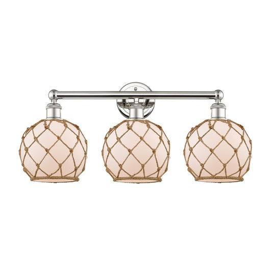 Innovations Farmhouse Rope 26in 3-Light Bath Vanity | Industrial Polished Nickel Steel and White Frosted Glass with Brown Rope | Model 616-3W-PN-G121-8RB