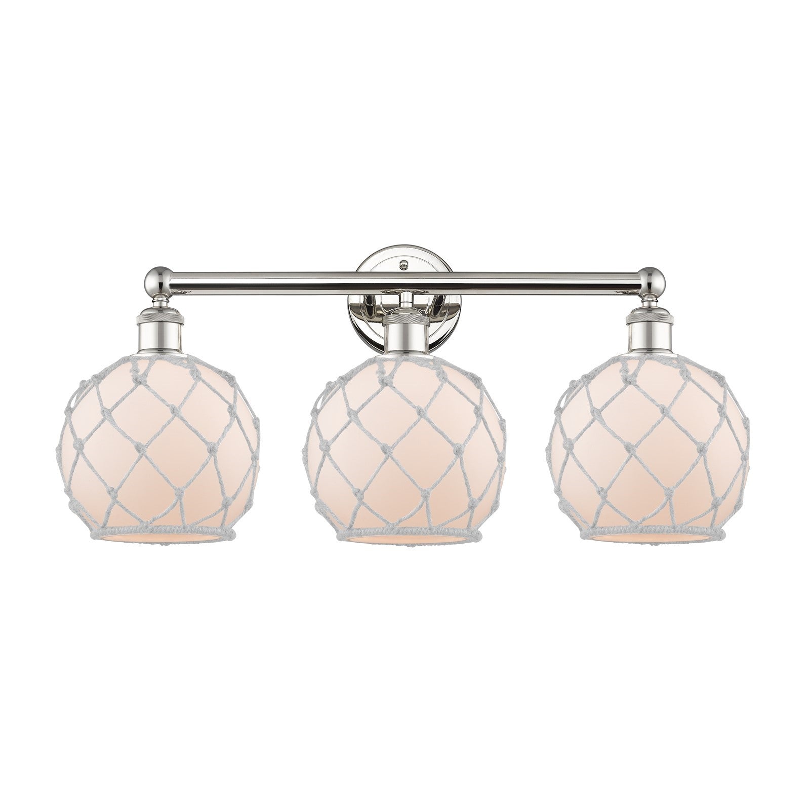 Innovations Farmhouse Rope 26in 3-Light Bath Vanity | Industrial Polished Nickel Steel and White Frosted Glass with Rope | Model 616-3W-PN-G121-8RW