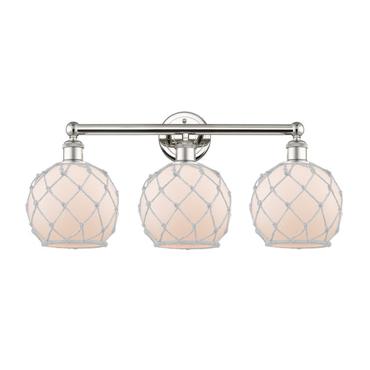 Innovations Farmhouse Rope 26in 3-Light Bath Vanity | Industrial Polished Nickel Steel and White Frosted Glass with Rope | Model 616-3W-PN-G121-8RW
