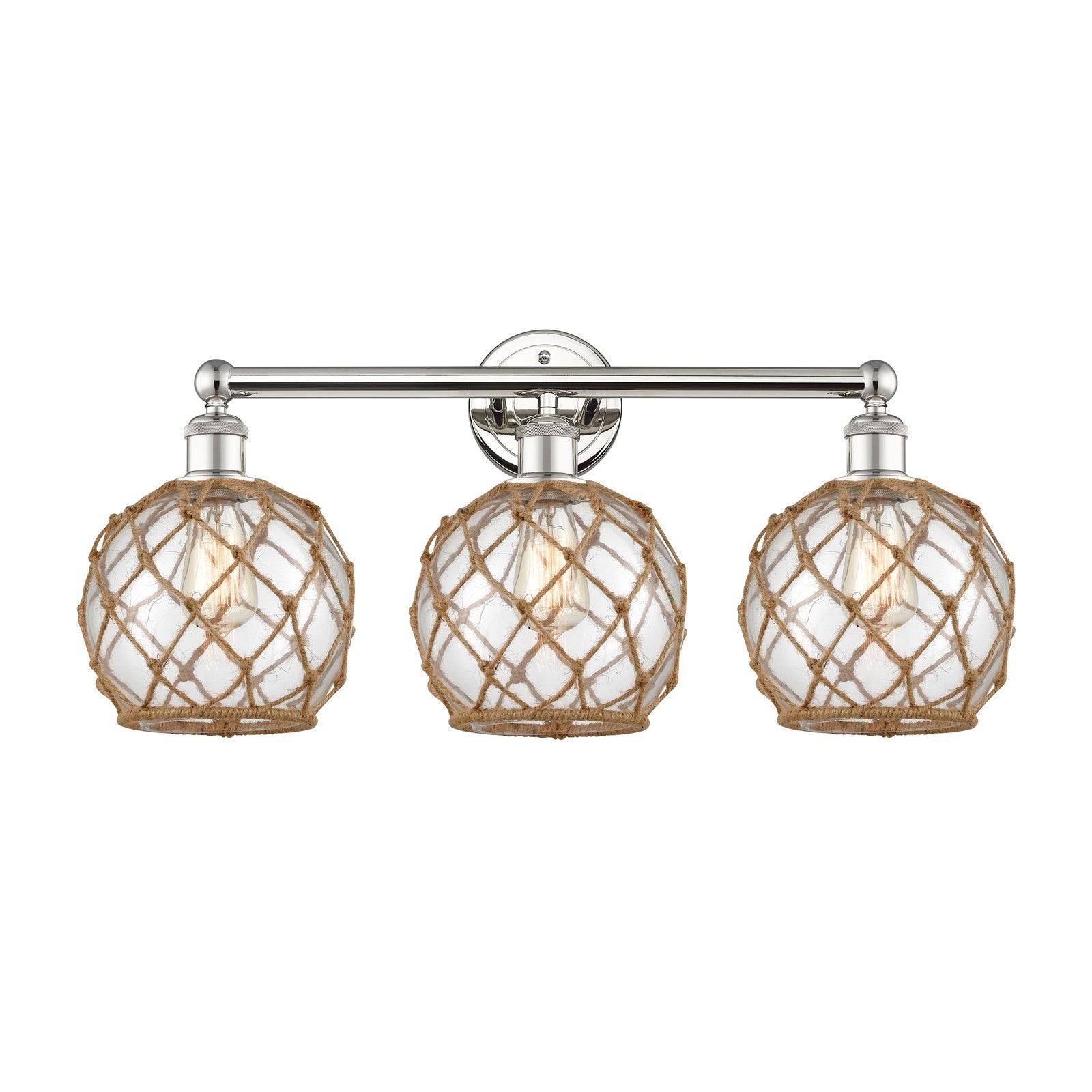 Innovations Farmhouse Rope 26in 3-Light Bath Vanity | Industrial Polished Nickel Steel and Clear Glass with Brown Rope | Model 616-3W-PN-G122-8RB