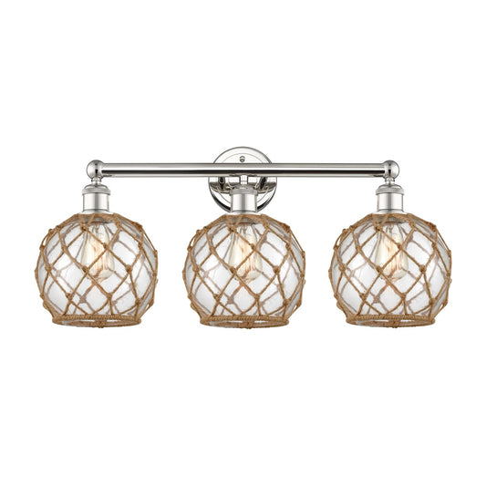 Innovations Farmhouse Rope 26in 3-Light Bath Vanity | Industrial Polished Nickel Steel and Clear Glass with Brown Rope | Model 616-3W-PN-G122-8RB