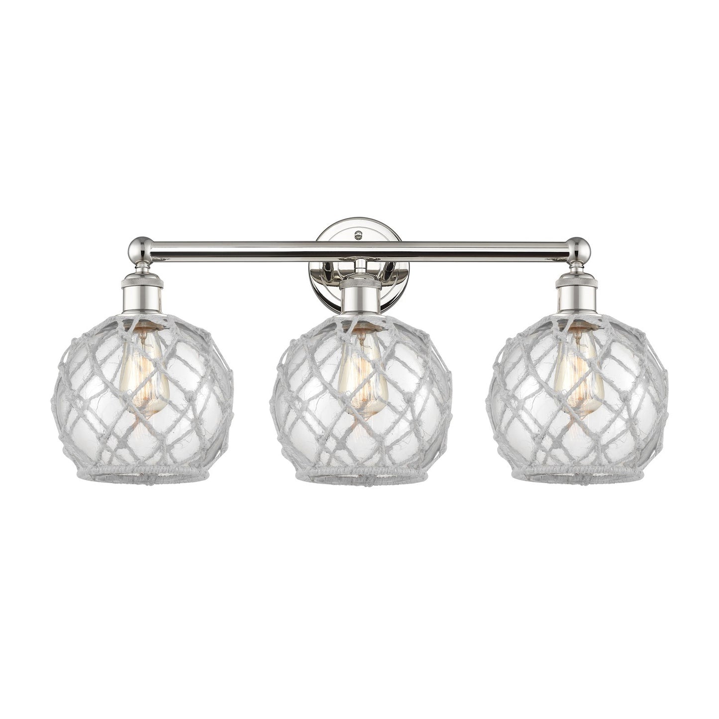 Innovations Farmhouse Rope 26in 3-Light Bath Vanity | Industrial Polished Nickel Steel and Clear Glass with White Rope | Model 616-3W-PN-G122-8RW