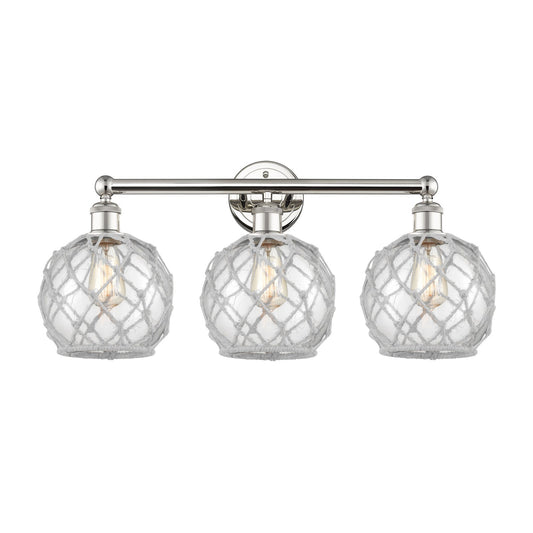 Innovations Farmhouse Rope 26in 3-Light Bath Vanity | Industrial Polished Nickel Steel and Clear Glass with White Rope | Model 616-3W-PN-G122-8RW