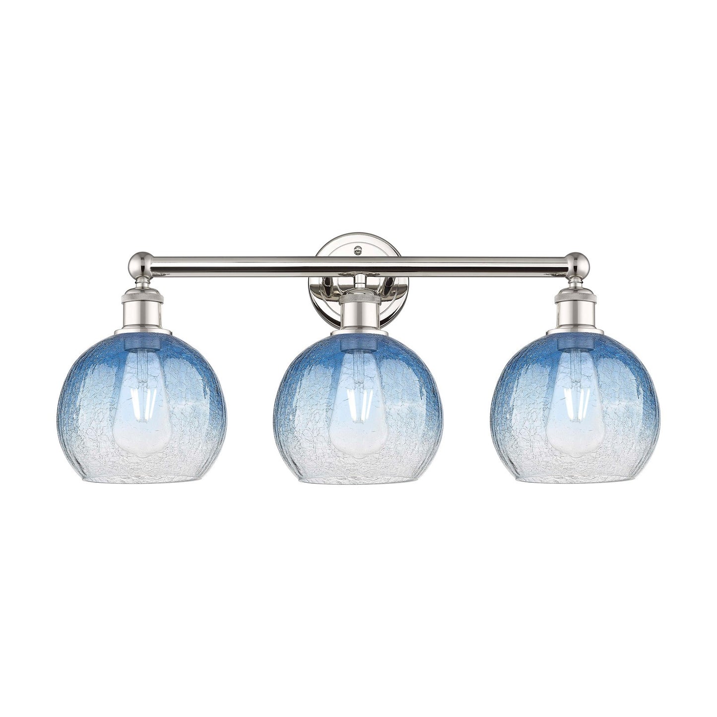 Innovations Brookhaven Globe 26in 3-Light Bath Vanity Light | Industrial Polished Nickel and Sapphire Blue Glass | Bathroom | Model 616-3W-PN-G483-8SB