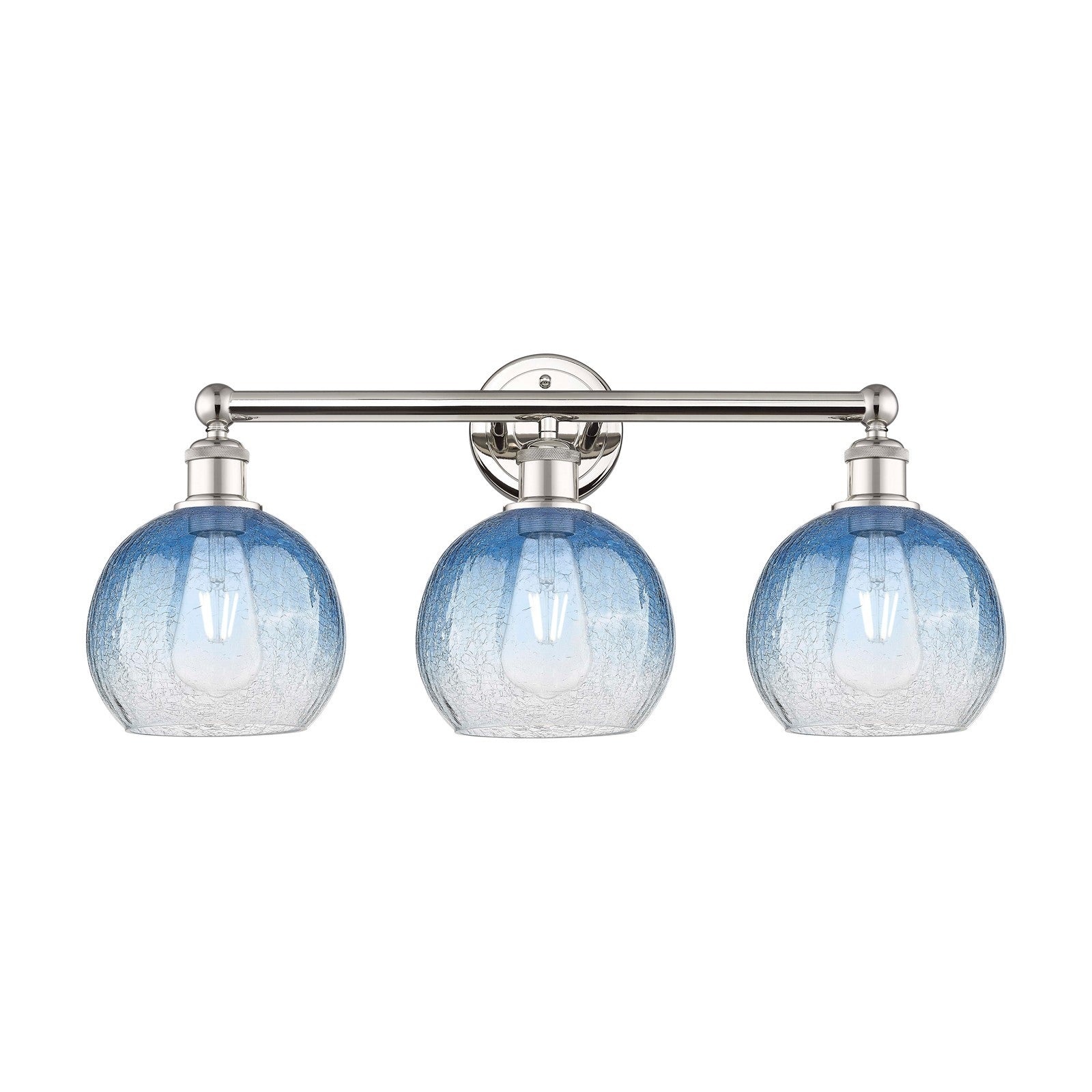 Innovations Brookhaven Globe 26in 3-Light Bath Vanity Light | Industrial Polished Nickel and Sapphire Blue Glass | Bathroom | Model 616-3W-PN-G483-8SB