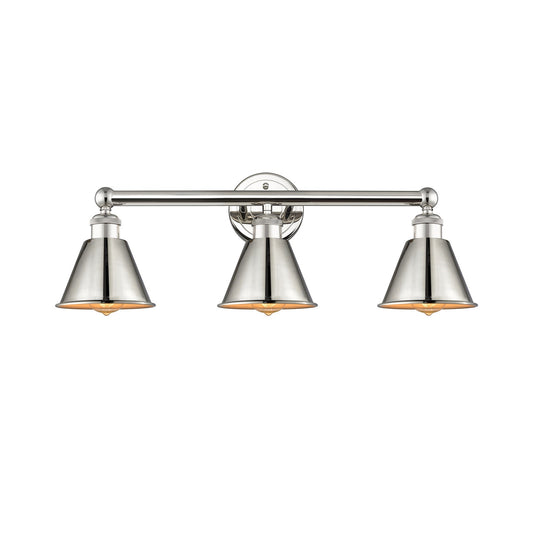 Innovations Smithfield 25in 3-Light Bath Vanity | Industrial Farmhouse Polished Nickel Steel and Metal Shades | Bathroom Vanity | Model 616-3W-PN-M8-PN