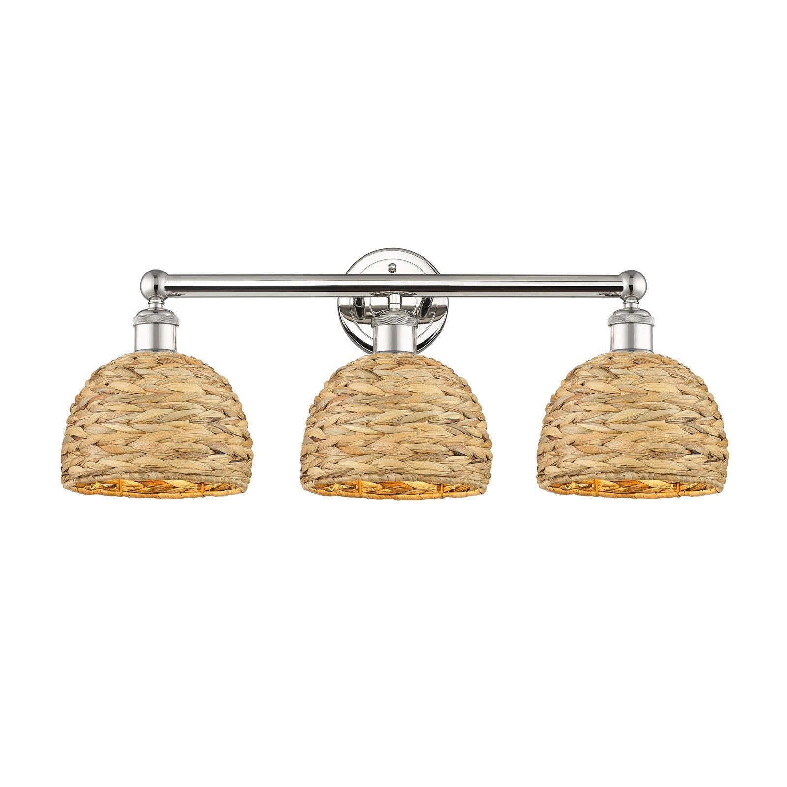 Innovations Woven Rattan 26in 3-Light Bath Vanity Light | Industrial Polished Nickel and Natural Fiber Shade | Bathroom Vanity | Model 616-3W-PN-RBD-8-NAT