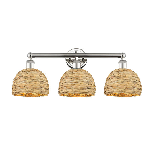 Innovations Woven Rattan 26in 3-Light Bath Vanity Light | Industrial Polished Nickel and Natural Fiber Shade | Bathroom Vanity | Model 616-3W-PN-RBD-8-NAT