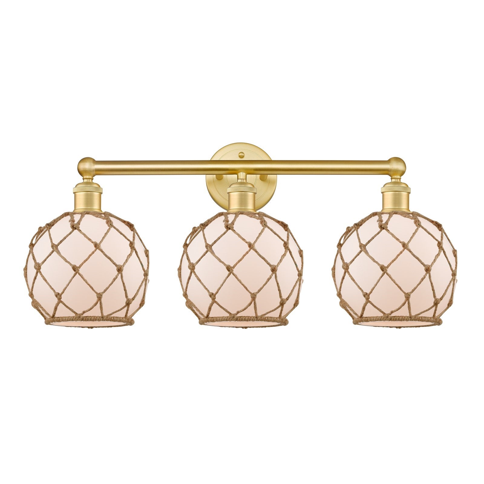 Innovations Farmhouse Rope 26in 3-Light Bath Vanity | Industrial Satin Gold Steel and Cast Brass with White Frosted Glass and | Model 616-3W-SG-G121-8RB