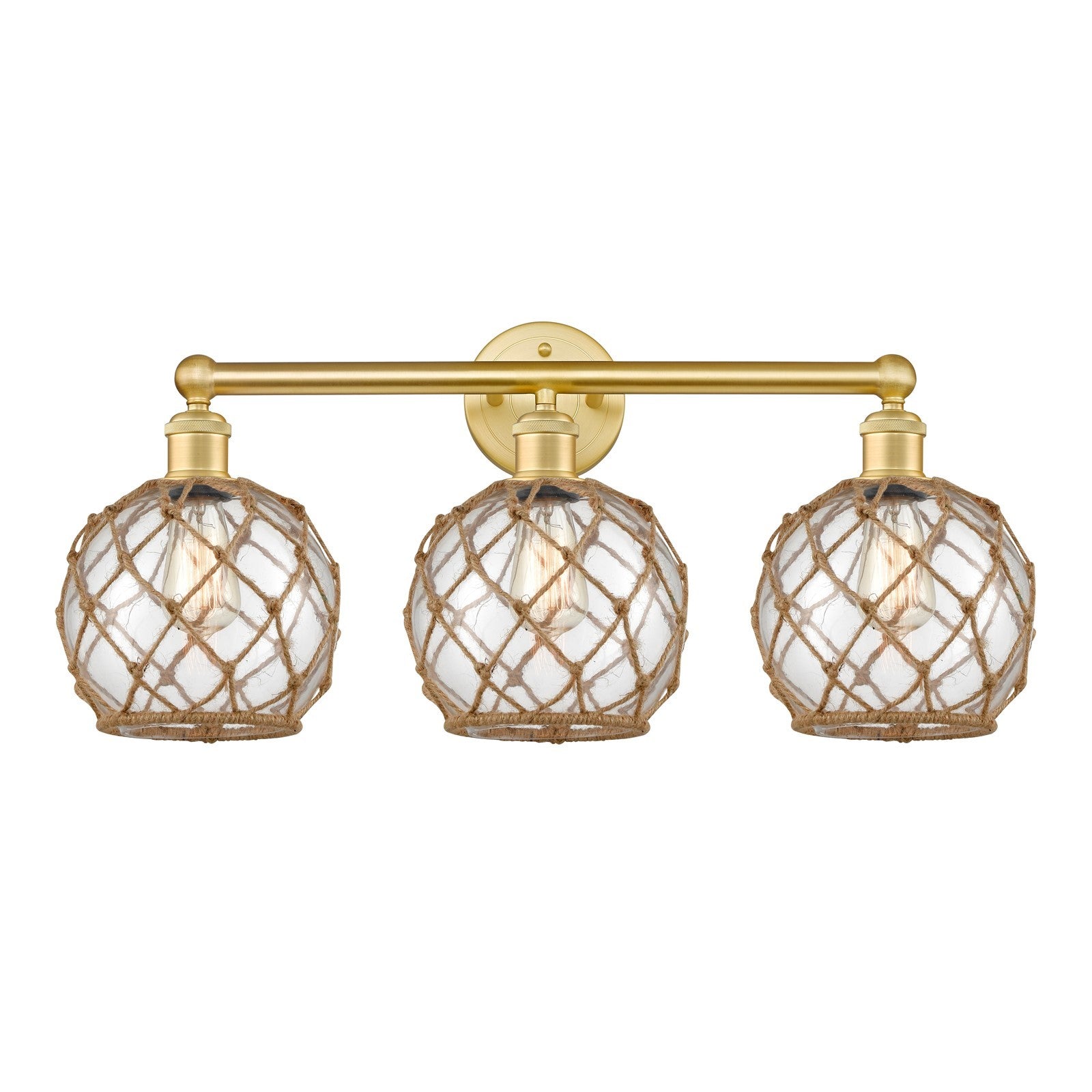 Innovations Farmhouse Rope 26in 3-Light Bath Vanity | Industrial Satin Gold Steel and Cast Brass with Clear Glass and Brown | Model 616-3W-SG-G122-8RB