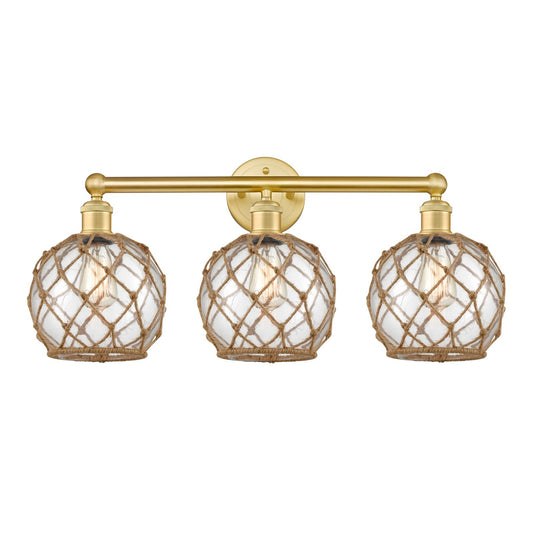 Innovations Farmhouse Rope 26in 3-Light Bath Vanity | Industrial Satin Gold Steel and Cast Brass with Clear Glass and Brown | Model 616-3W-SG-G122-8RB