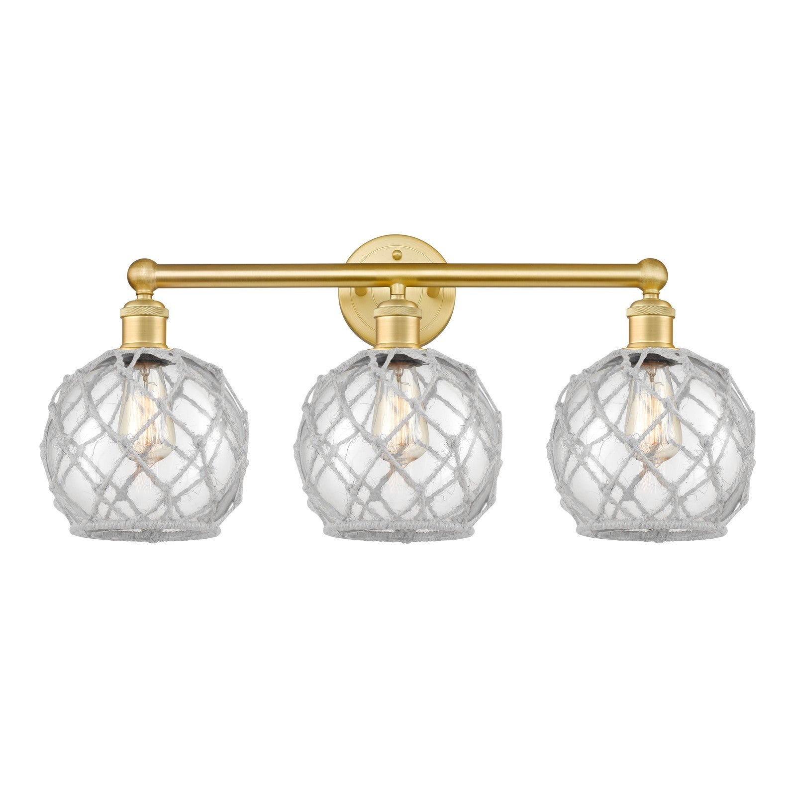 Innovations Farmhouse Rope 26in 3-Light Bath Vanity | Industrial Satin Gold Steel and Clear Glass with White Rope Shade | Model 616-3W-SG-G122-8RW
