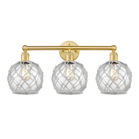 Innovations Farmhouse Rope 26in 3-Light Bath Vanity | Industrial Satin Gold Steel and Clear Glass with White Rope Shade | Model 616-3W-SG-G122-8RW