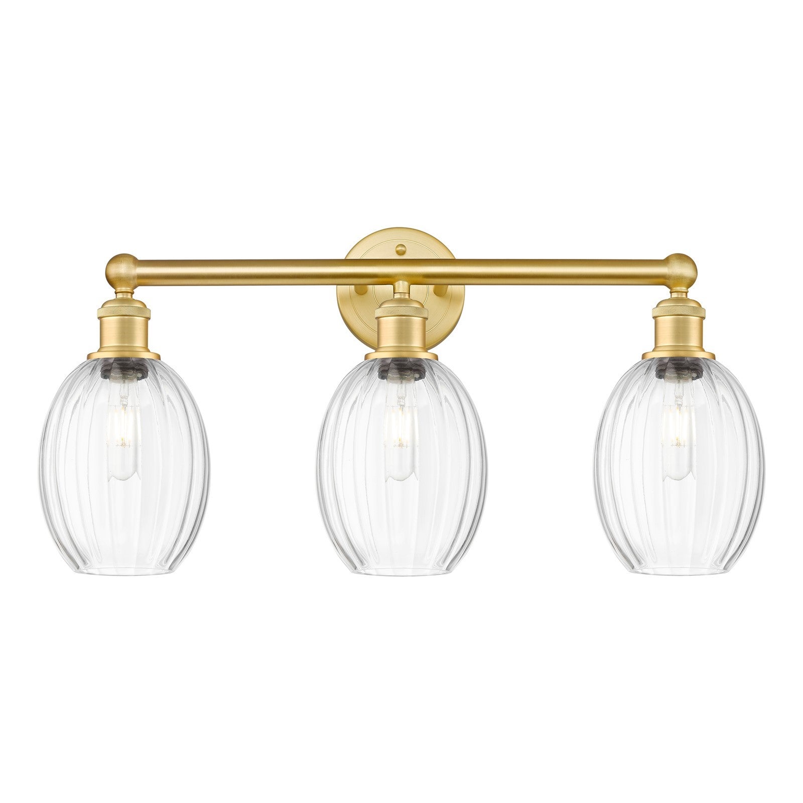 Innovations Preston Bulb 24in 3-Light Bath Vanity Light | Industrial Satin Gold Steel and Cast Brass with Clear Glass Shades | Model 616-3W-SG-G459-6CL