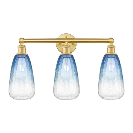 Innovations Brookhaven Almond 24in 3-Light Bath Vanity Light | Industrial Satin Gold Steel and Sapphire Blue Glass | Bathroom | Model 616-3W-SG-G480-6SB