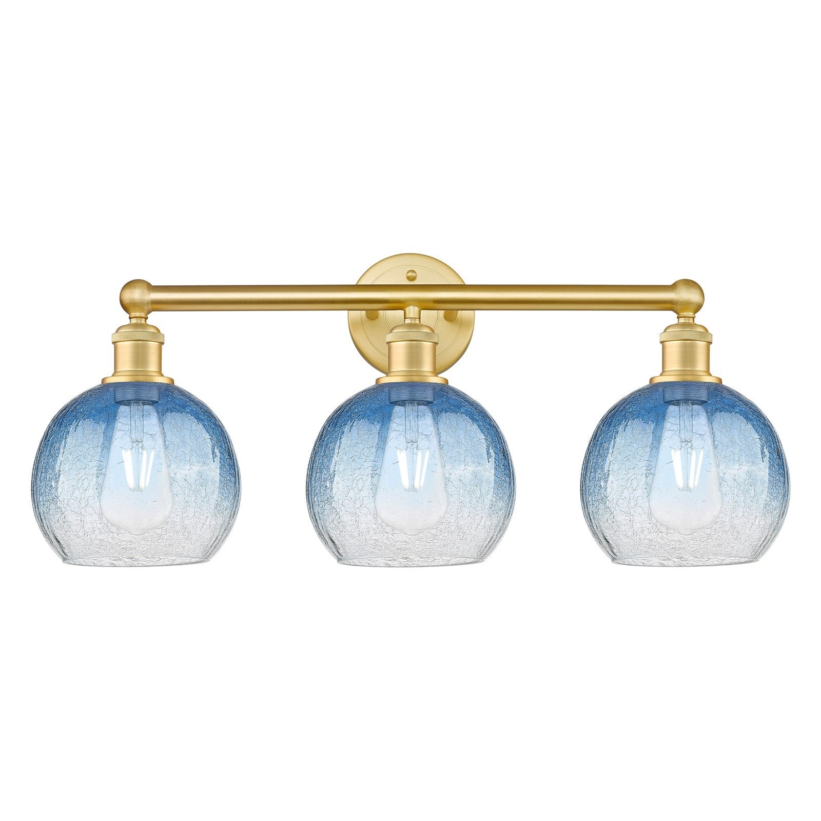 Innovations Brookhaven Globe 26in 3-Light Bath Vanity | Industrial Satin Gold Steel and Sapphire Blue Glass | Bathroom & Powder | Model 616-3W-SG-G483-8SB