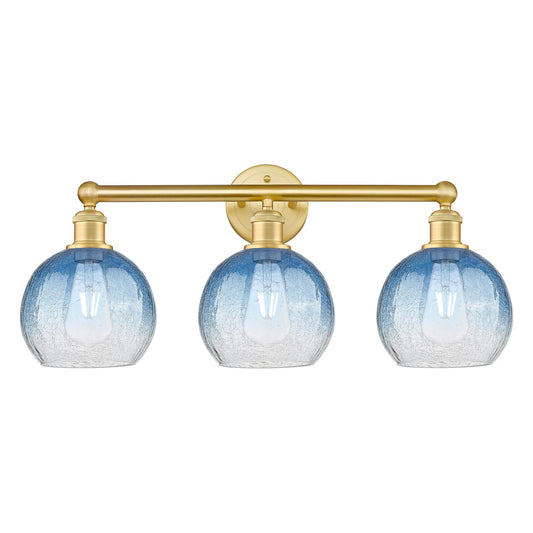 Innovations Brookhaven Globe 26in 3-Light Bath Vanity | Industrial Satin Gold Steel and Sapphire Blue Glass | Bathroom & Powder | Model 616-3W-SG-G483-8SB