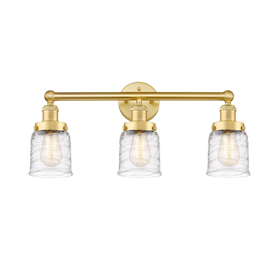 Innovations Edison Small Bell 25in 3-Light Bath Vanity Light | Art Nouveau Satin Gold Steel and Clear Deco Swirl Glass | Bathroom & | Model 616-3W-SG-G513