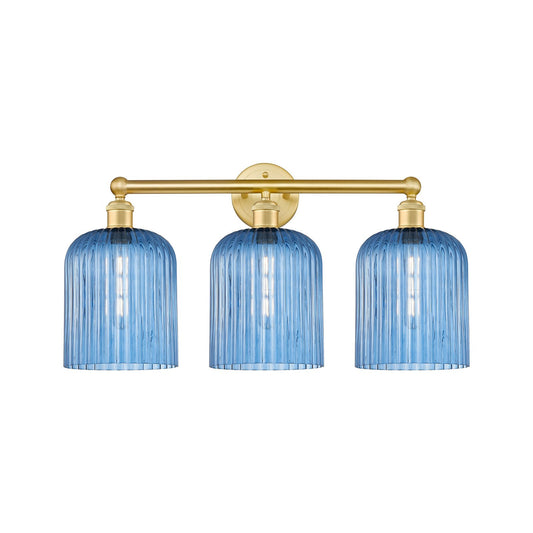 Innovations Bridal Veil 23in 3-Light Bath Vanity Light | Art Nouveau Satin Gold Steel and Princess Blue Ribbed Glass | Bathroom | Model 616-3W-SG-G559-8BL