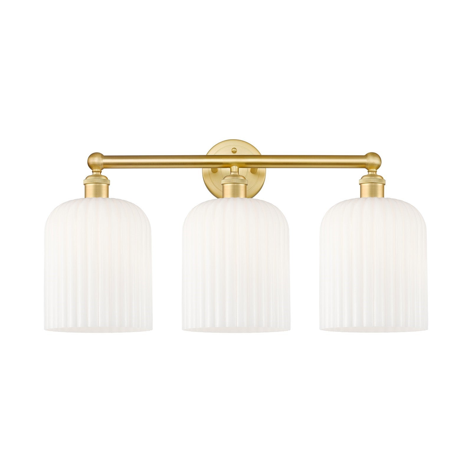 Innovations Bridal Veil 23in 3-Light Bath Vanity | Satin Gold Steel and Cast Brass with Gloss White Ribbed Glass Shades | Art | Model 616-3W-SG-G559-8GWH