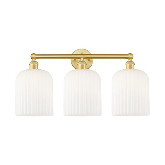 Innovations Bridal Veil 23in 3-Light Bath Vanity | Satin Gold Steel and Cast Brass with Gloss White Ribbed Glass Shades | Art | Model 616-3W-SG-G559-8GWH