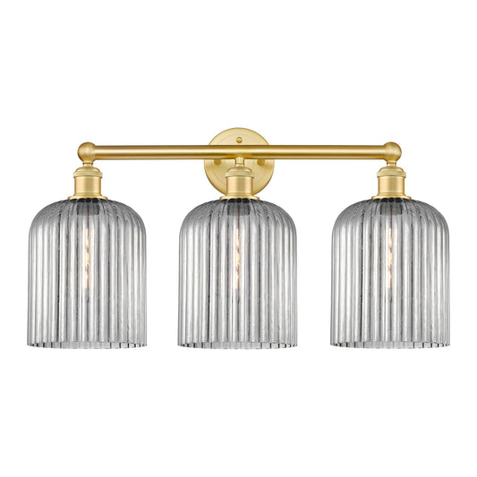 Innovations Bridal Veil 23in 3-Light Bath Vanity Light | Art Nouveau Satin Gold Steel and Cast Brass with Light Smoke Ribbed | Model 616-3W-SG-G559-8SM