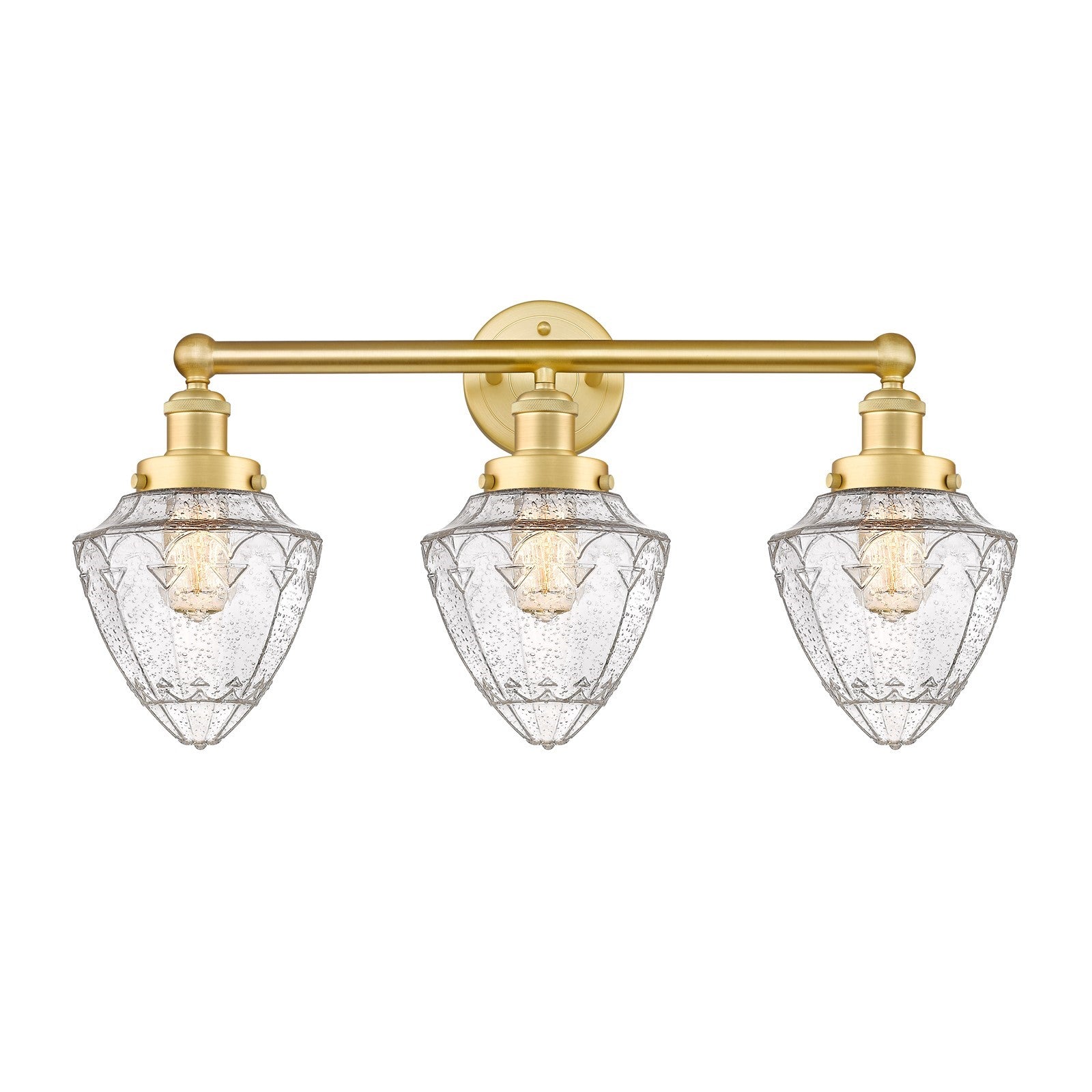 Innovations Bullet 25in 3-Light Bath Vanity Light | Industrial Satin Gold Steel and Cast Brass with Seedy Glass Shades | Bathroom | Model 616-3W-SG-G664-7