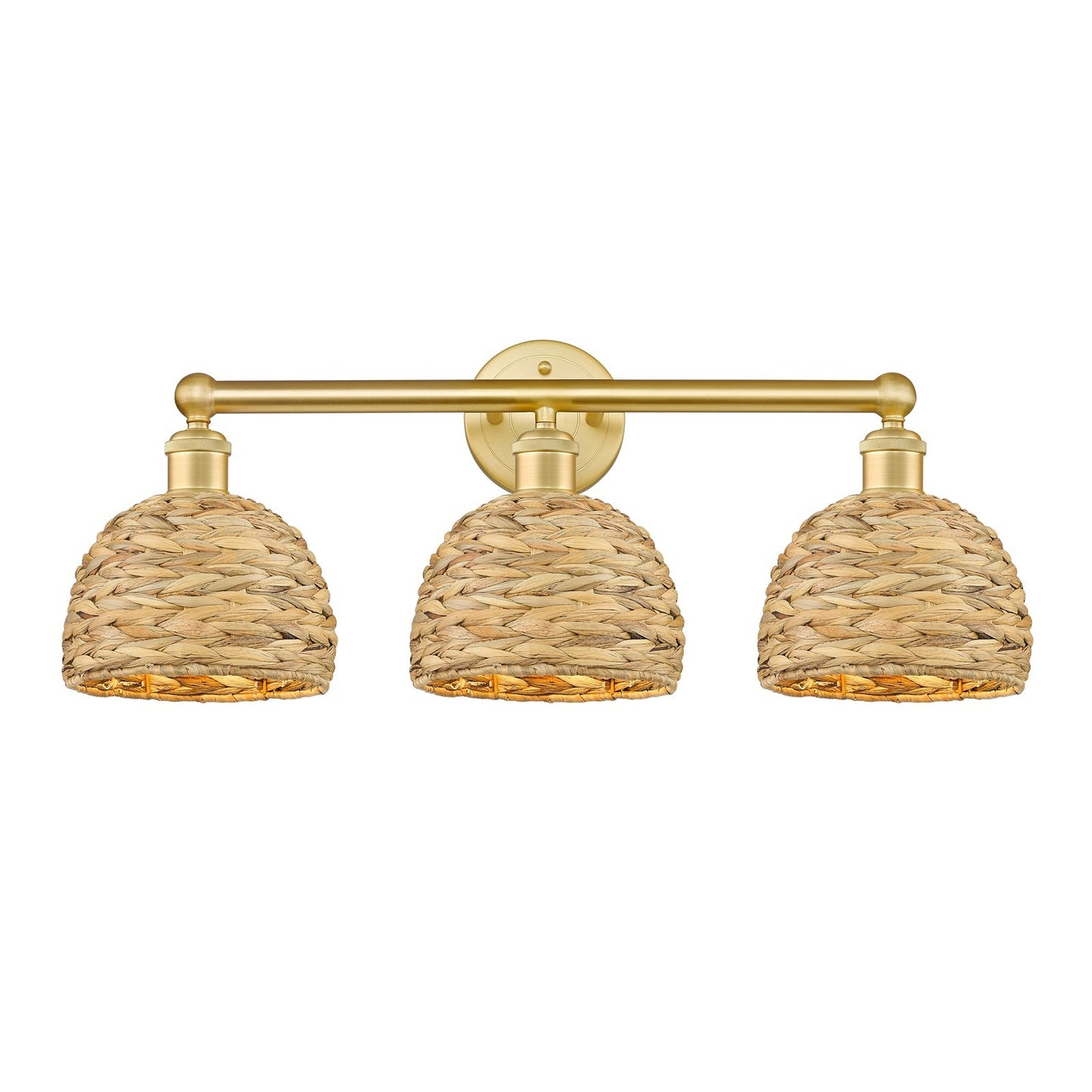 Innovations Woven Rattan 26in 3-Light Bath Vanity | Industrial Satin Gold Steel and Cast Brass with Natural Fiber Dome Shades | Model 616-3W-SG-RBD-8-NAT