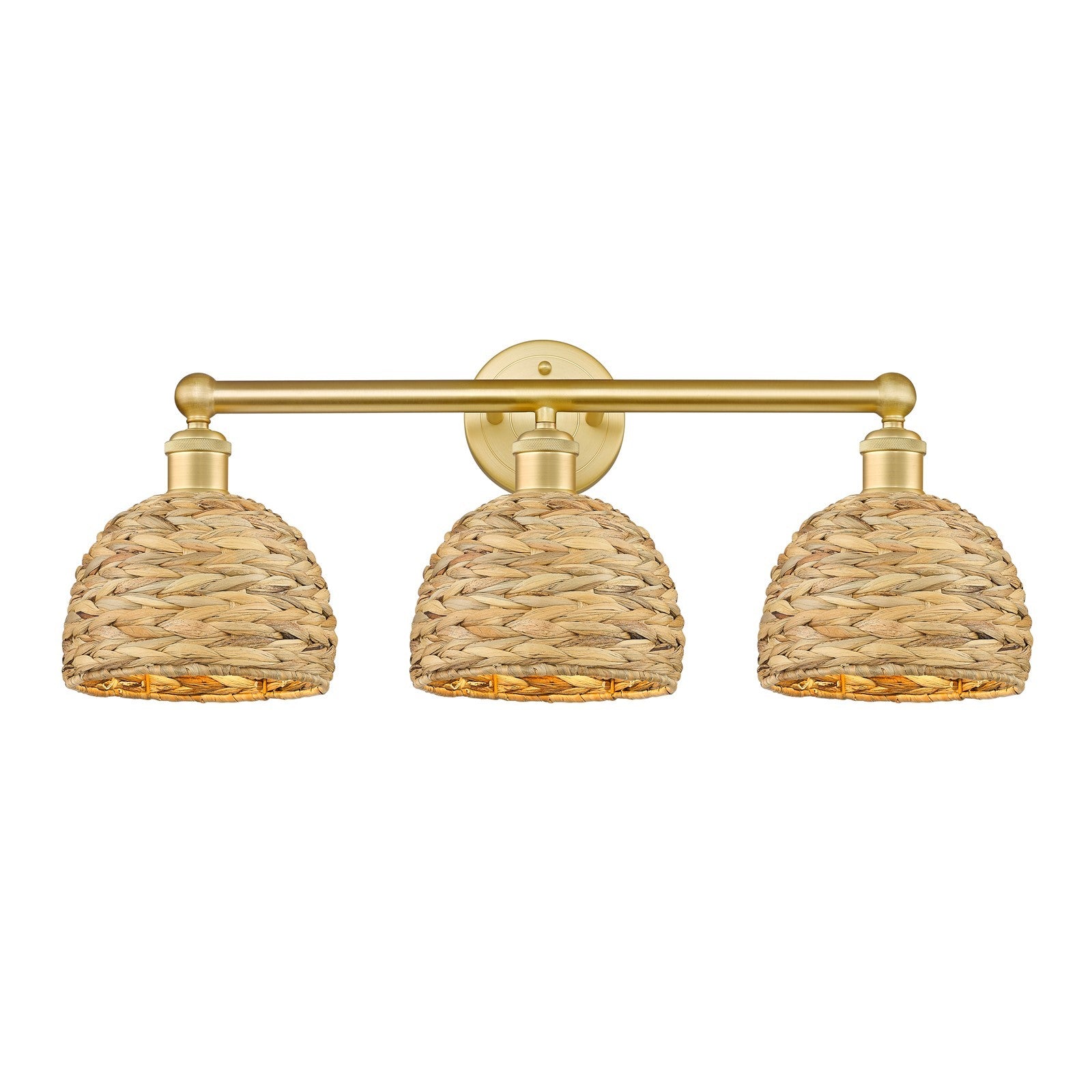 Innovations Woven Rattan 26in 3-Light Bath Vanity | Industrial Satin Gold Steel and Cast Brass with Natural Fiber Dome Shades | Model 616-3W-SG-RBD-8-NAT