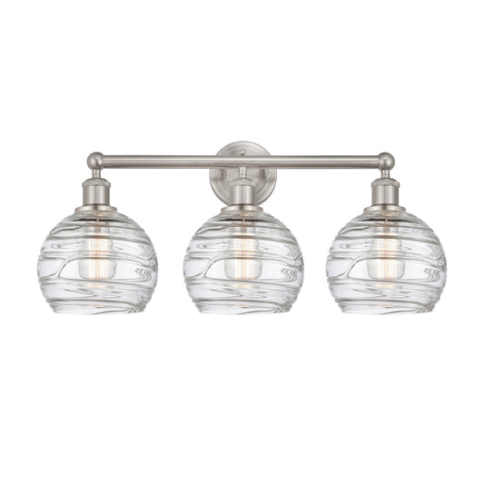 Innovations Athens Deco Swirl 26in 3-Light Bath Vanity Light | Industrial Brushed Satin Nickel and Clear Deco Swirl Glass | Model 616-3W-SN-G1213-8CL
