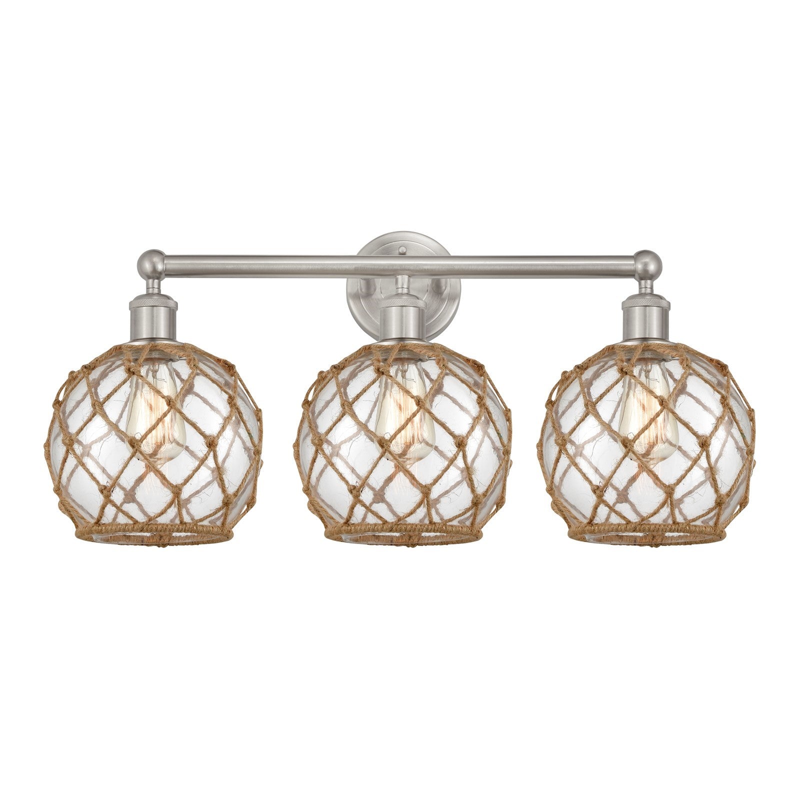 Innovations Farmhouse Rope 26in 3-Light Bath Vanity Light | Industrial Brushed Satin Nickel and Clear Glass with Brown Rope | Model 616-3W-SN-G122-8RB