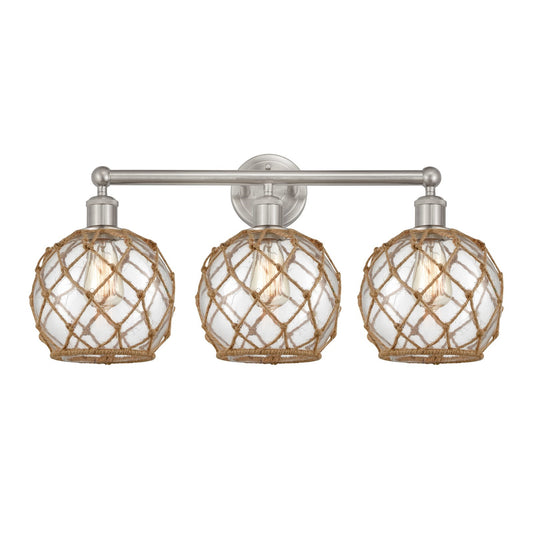 Innovations Farmhouse Rope 26in 3-Light Bath Vanity Light | Industrial Brushed Satin Nickel and Clear Glass with Brown Rope | Model 616-3W-SN-G122-8RB