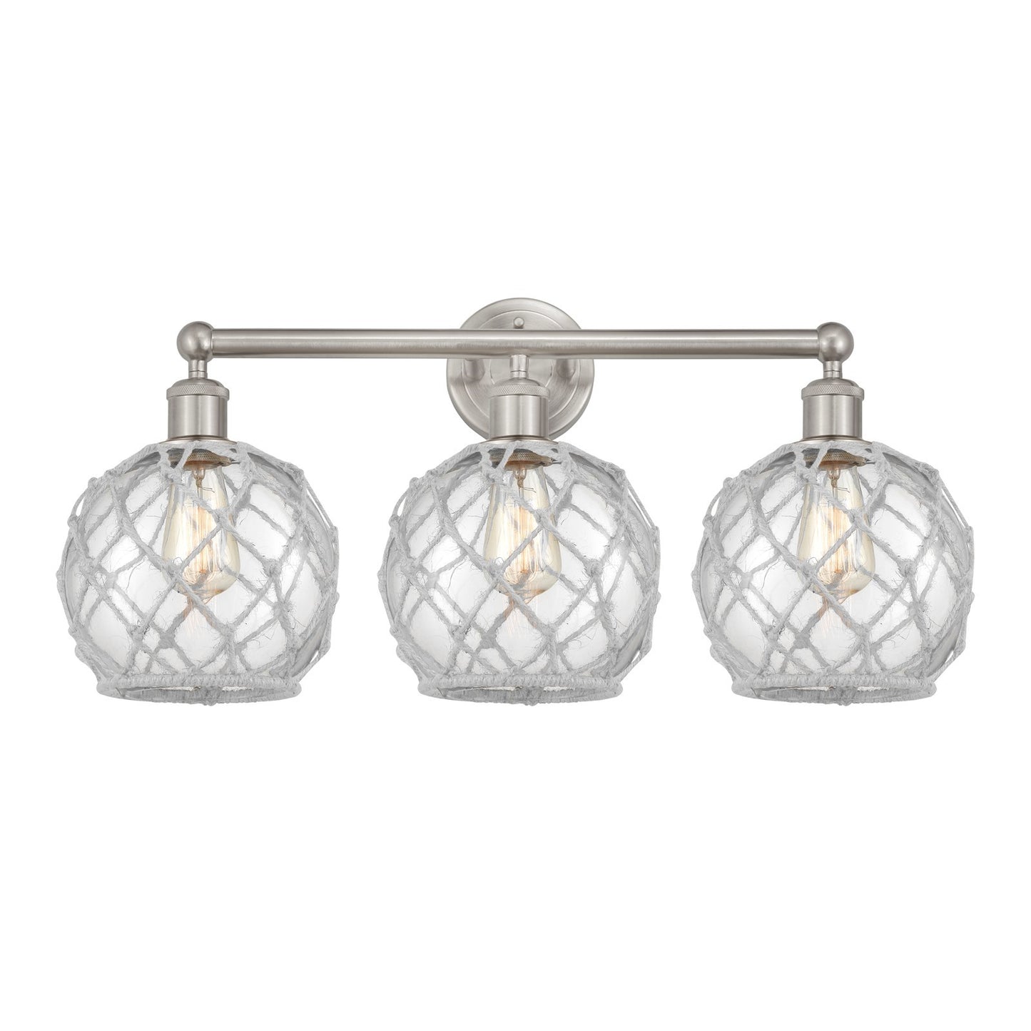 Innovations Farmhouse Rope 26in 3-Light Bath Vanity Light | Industrial Brushed Satin Nickel and Clear Glass with White Rope | Model 616-3W-SN-G122-8RW