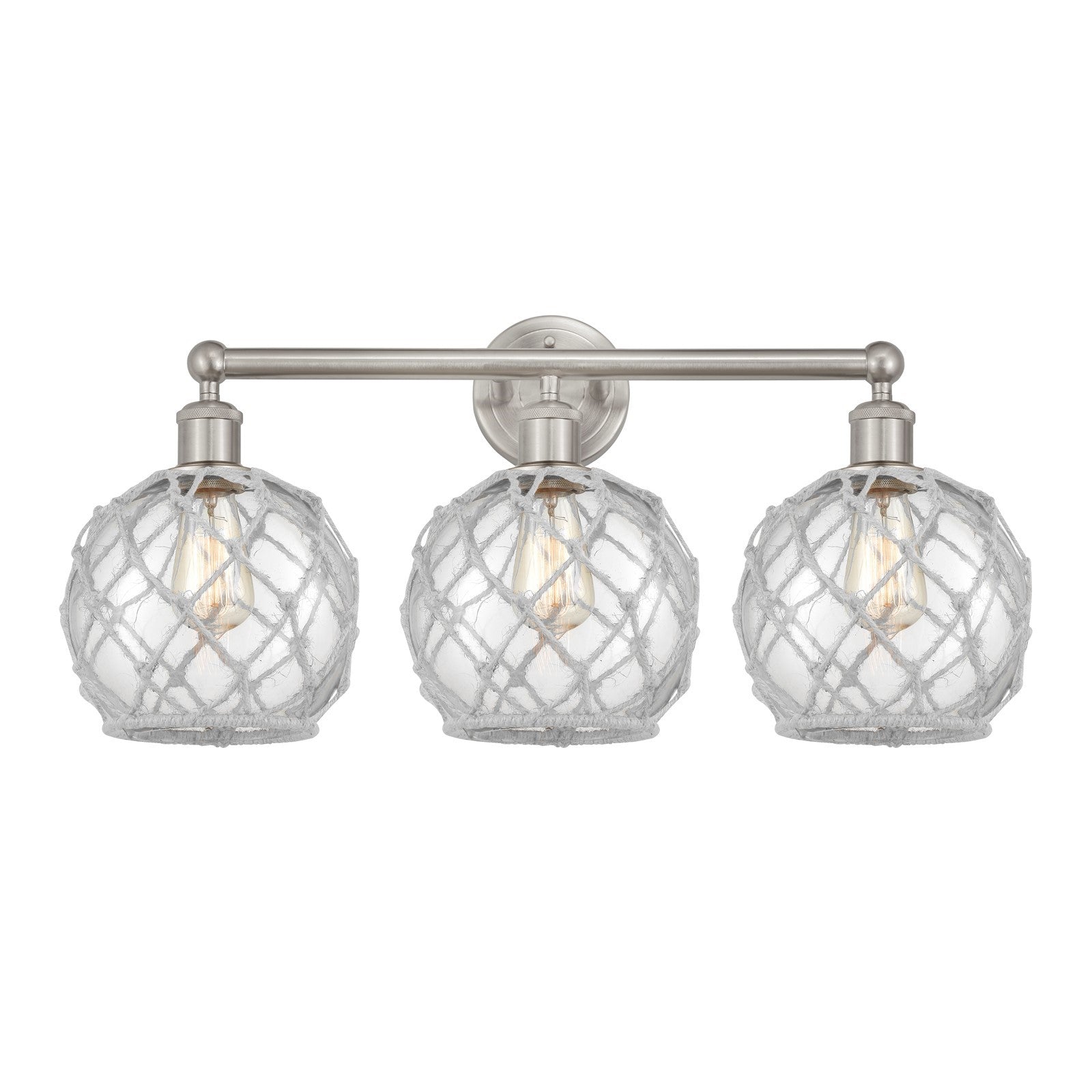 Innovations Farmhouse Rope 26in 3-Light Bath Vanity Light | Industrial Brushed Satin Nickel and Clear Glass with White Rope | Model 616-3W-SN-G122-8RW