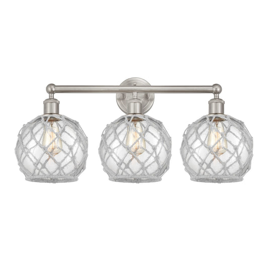 Innovations Farmhouse Rope 26in 3-Light Bath Vanity Light | Industrial Brushed Satin Nickel and Clear Glass with White Rope | Model 616-3W-SN-G122-8RW