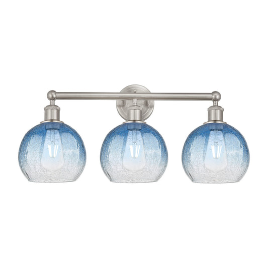 Innovations Brookhaven Globe 26in 3-Light Bath Vanity Light | Industrial Brushed Satin Nickel and Sapphire Blue Glass | Model 616-3W-SN-G483-8SB