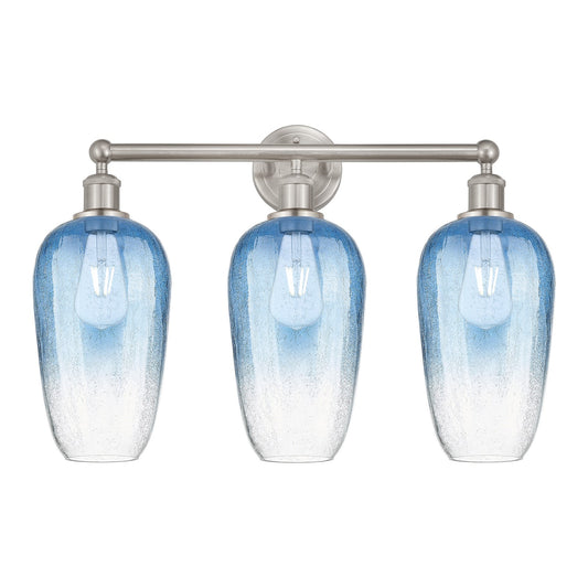 Innovations Brookhaven Flute 25in 3-Light Bath Vanity Light | Industrial Brushed Satin Nickel and Sapphire Blue Glass | Model 616-3W-SN-G484-7SB
