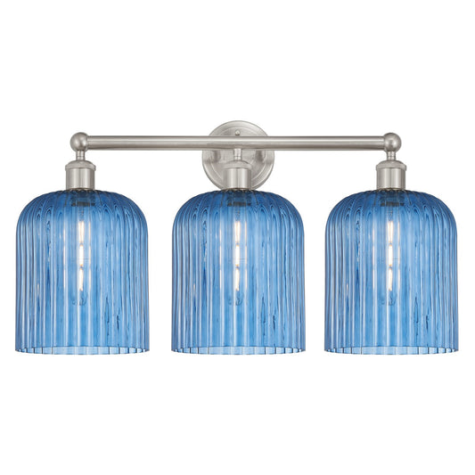 Innovations Bridal Veil 23in 3-Light Bath Vanity Light | Art Nouveau Brushed Satin Nickel and Princess Blue Ribbed Glass | Model 616-3W-SN-G559-8BL