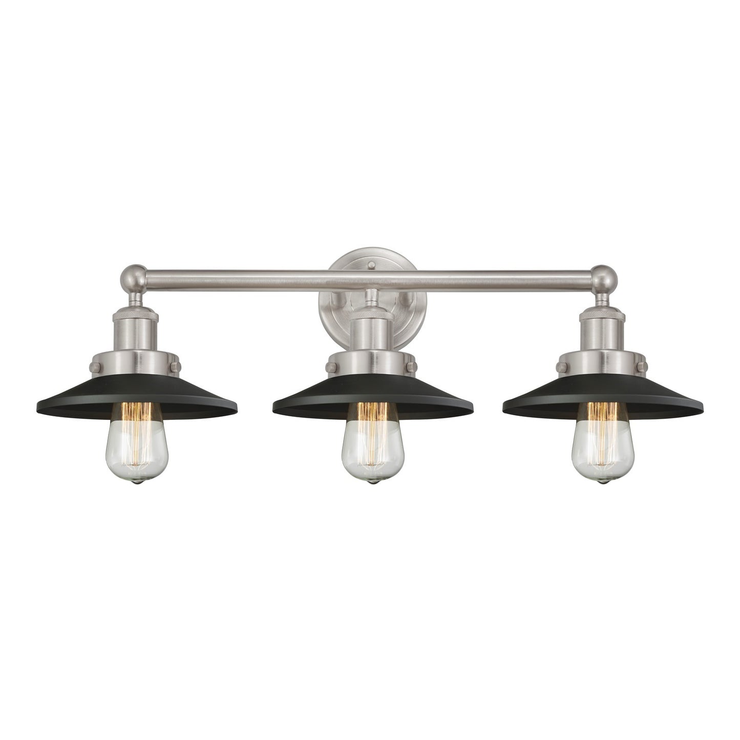 Innovations Railroad 26in 3-Light Bath Vanity | Traditional Industrial Brushed Satin Nickel and Matte Black Metal Shade | Bathroom | Model 616-3W-SN-M6-BK
